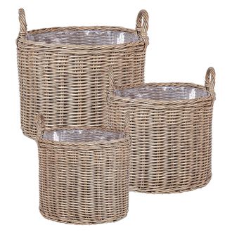 Beliani Set De 3 Cestas De Rat&aacute;n Para Plantas Con Asas Color Marr&oacute;n Pendula