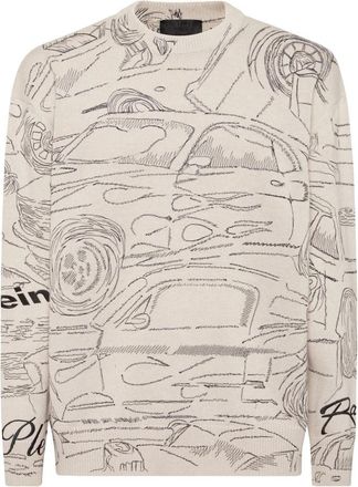 Philipp Plein Gebreide Pullover Ronde Hals LS Cars Racing - Heren - Ronde hals truien - Beige - 4XL - Katoen - Truien & Vesten