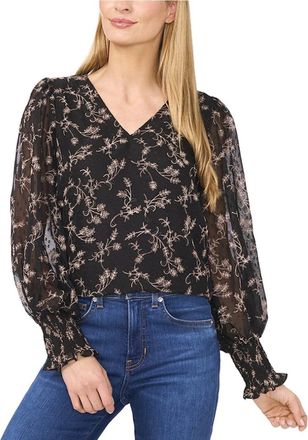 CeCe by Cynthia Steffe Top Womens Black Floral Clip-Dot Smocked V-Neck Blouse Pullover GBO3643