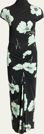 Alaia Draped Floral-Print Jersey Maxi Dress