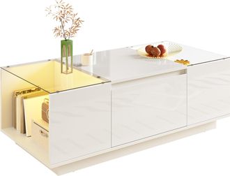 STILVORA Mesa De Centro Con 2 Cajones Y Led Bluetooth, Tableros De Cristal, Brillo Y Mate, De Tablero De Part&iacute;culas, Blanco, 105&times;50&times;35 Cm