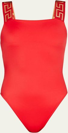 Versace Square-Neck Greca-Strap One-Piece Swimsuit