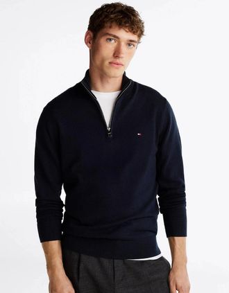 Tommy Hilfiger Mens Tommy Hilfiger Organic Cotton Cashmere Mens Zip-Mock Sweater - Desert Sky - Blue/Black - Size: 44