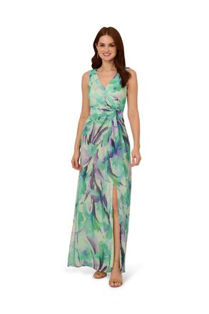Adrianna Papell Womens Draped Floral Chiffon Gown - Multicolour - Size 14 UK