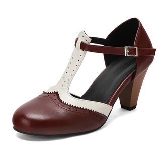 Generic Womens T-Strap Perforated Colorblock Oxfords Dress Pumps Round Toe Chunky Heel Mary Jane Shoes with Adjustable Strap (7.5,Wine Red)