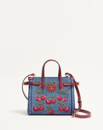 Valentino Garavani Valentino Garavani Antibes Small Denim Shopping Bag With Cherryfic Embroidery Wo