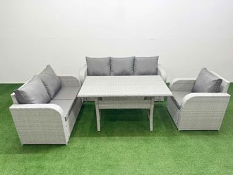 Fimous Patio PE Wicker 6 Seater Outdoor Rattan Furniture Sofa Sets w/ Rectangular Dining Table Reclining Chair Loveseat Sofa 3 Seater Sofa Light Grey