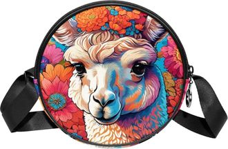 Generic Circle Crossbody Bag for Women, Color Drawing Alpaca Small Sling Bag Daypack with Zipper Adjustable Shoulder Straps Casual Ladies Girls Round Purse