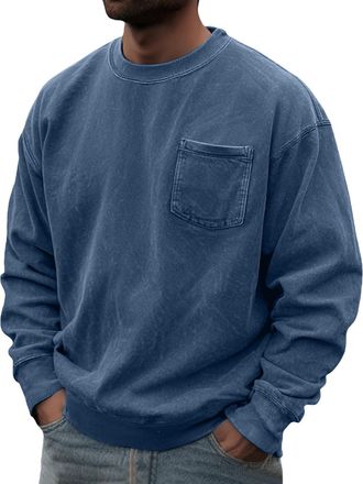 Generic Mens Solid Colour Sweatshirts with Pocket, Distressed Washed Loose Fit Pullover Tops Casual Fashion Mens Sweatshirts Long Sleeve Outdoors Streetwear J