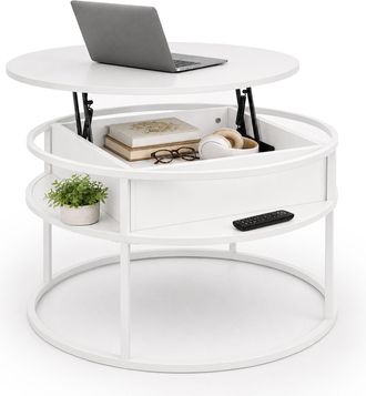 Relaxdays Mesa De Centro Relaxdays Con Almacenaje (al X &Oslash;) 47 X 80 Cm, Tapa Elevable, Mdf Y Metal, Redonda, Blanca