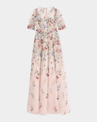 Teri Jon Floral-Embroidered Illusion Tulle Gown