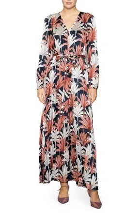 Melloday Botanical Tie Waist Pleated Maxi Dress in Navy Multi Leaf at Nordstrom Rack, Size X-Small