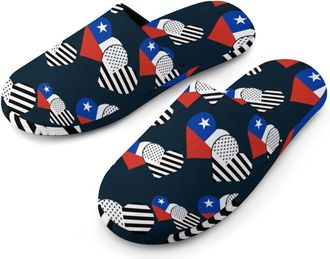 Generic Chile Flag And U.S. Flag Flannel Mens Slip-on Slippers Winter Warm House Shoes with Rubber Sole for Home Hotel