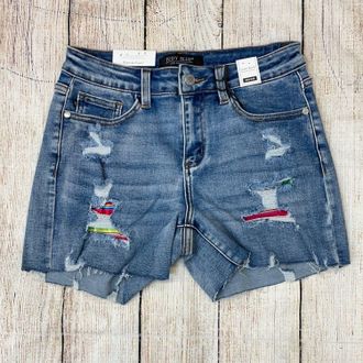 Judy Blue Womens Mid-Rise Serape Patch Destroyed Shorts In Blue