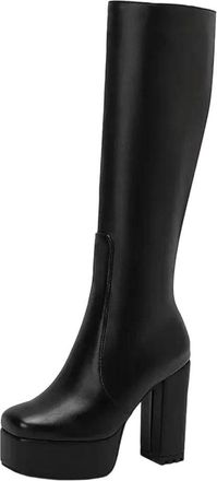 Generic Women Knee High Pu Leather Boots Square Toe Thick Heel Elegant Casual Winter Boot