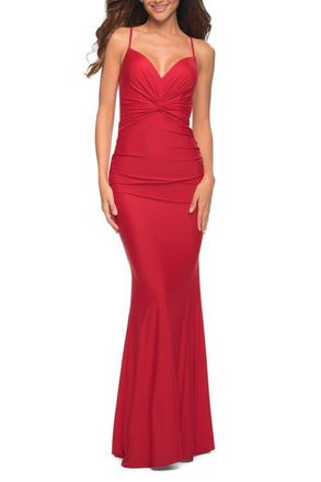 La Femme Prom Dress with Knot at Waist and Open Back in Red at Nordstrom, Size 00