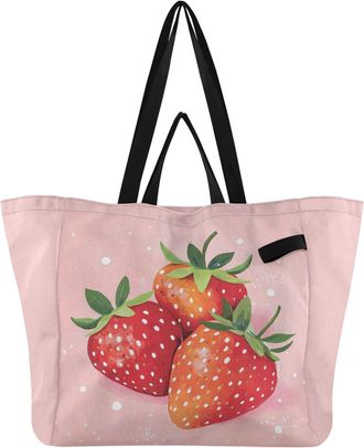 Generic Pink Strawberry pattern Reusable Canvas Tote Bag, Heavy Duty Grocery Shopping Bag with Large Capacity Double Handles Hard Bottom Work Groceries Travel