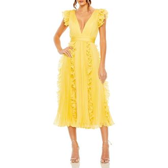 Mac Duggal Pleated Chiffon V Neck Ruffle Midi Dress in Butter at Nordstrom, Size 12