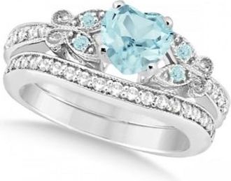 Allurez Butterfly Aquamarine & Diamond Heart Bridal Set 14k White Gold 2.70ct