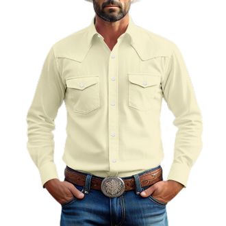 Generic Mens Two Pocket Long Sleeve Button Work Shirt Vintage Solid Color Lapel Shirt Slim Fit Mens Casual Shirts Cowboy Cut Western Style Beige