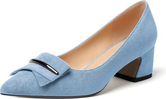 EDEFS Women Pointed Toe Block Heel Pumps Slip on Low Heels Pointed Toe Court Shoes Classic Buckle Design 2 Block Heeled Shoes Suede Light Blue UK2