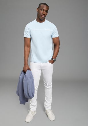 DELMAO T-Shirt DELMAO, Herren, Gr. 4XL (68/70), hellblau, Single Jersey, Obermaterial: 100% Baumwolle, bedruckt, normal, Rundhals, abgesteppte Kante, Shirts 