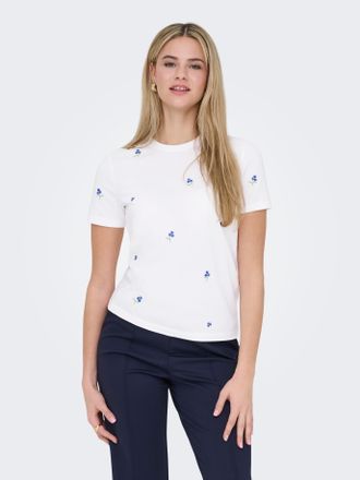 Only Kurzarmshirt ONLY ONLKETTY LIFE S/S O-NECK TOP JRS NOOS, Damen, Gr. XL, hellwei&szlig; aop:true blau flowers, Jersey, Obermaterial: 100% Baumwolle, bedruckt