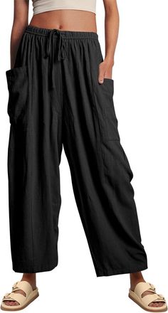 SHEKINI Womens Oversized Casual Trousers Wide Leg Linen Pants with Pockets Black