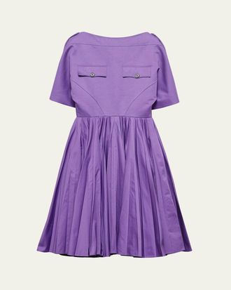 Prada Short-Sleeve Pleated Cotton Twill Utility Dress