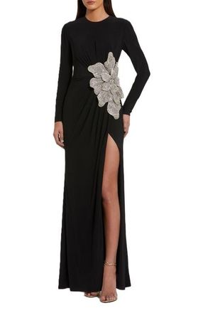 Mac Duggal Jersey Gown With Embellished Flower in Black at Nordstrom, Size 10