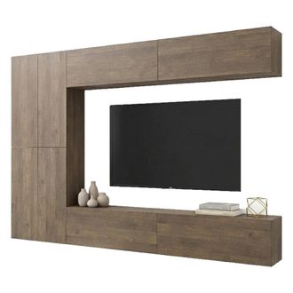 Dmora Pared Equipable Gatira, Mueble De Sala Modulado, 8 Estantes, 8 Puertas, Marr&oacute;n Nogal