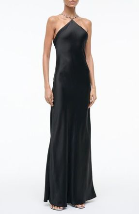 Staud Cadence Shark Tooth Strap Satin Maxi Dress in Black at Nordstrom, Size 00