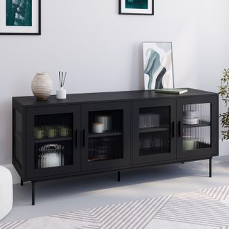 IDMarket Zineb Aparador 140 Cm, 4 Puertas De Cristal, Frente Estriado Negro