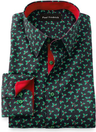 Paul Fredrick Tailored Fit Comfort Stretch Non-iron Novelty Dress Shirt With Contrast Trim