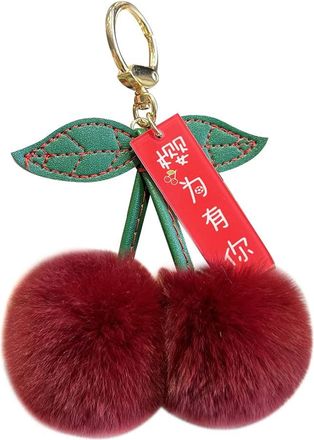 Generic Plush Cherry Keyring, Asudaro 1/2 Pcs Fluffy Plush Key Ring Anti-Lost Plush Cherry Leaf Pompom Keychain Car Backpack Pendant Key Ring
