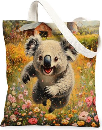 Generic Spring Koala Canvas Tote Bag for Shopping 13x15, Country Garden Animal Reusable Grocery Print Pattern Bag for Women, Fun Flower Farm Beach Aesthetic P