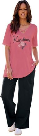Roaman's Plus Size Lace Up V Neck Short Sleeve Print Tunic in Shadow Rose Kindness at Nordstrom, Size 40