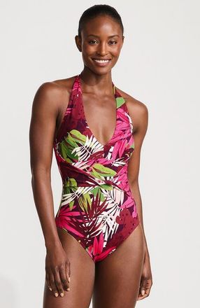 Lands End Sculpting Suit Plunge Halter High Leg One Piece Swimsuit in Dark Wine Multi Tropical Palm at Nordstrom, Size 14
