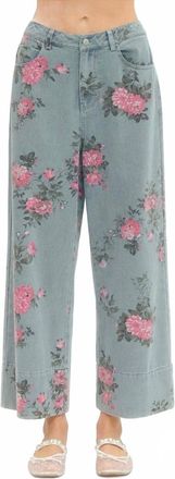 Entro Margaux Floral Print Denim Pants In Medium Wash