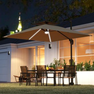 OUTSUNNY 2.5m Cantilever Parasol, Garden Parasol w 360&deg; Rotation & Tilt, Lights in Khaki