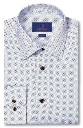 David Donahue Trim Fit Geometric Print Cotton Herringbone Dress Shirt in White/Chocolate at Nordstrom Rack, Size 17 - 34/35