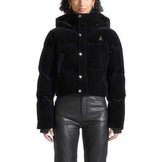 Mani&egrave;re De Voir Maeva Velvet Cropped Puffer Jacket in Black at Nordstrom, Size 8
