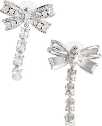 Self Portrait Womens Drop Earrings With Bow And Crystals, Silver Metal Metallic