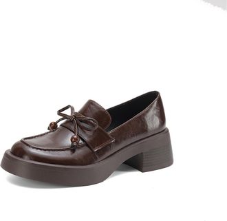 Generic Womens Platform Chunky Heel Loafers Bow Detail Glossy Faux Leather Round Toe Slip-On Low Top Shoes Lightweight Comfortable Durable Anti Slip,Brown,4.5