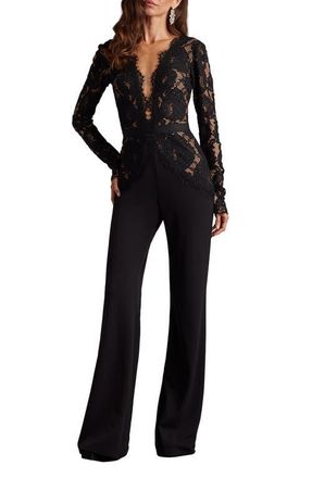 Tadashi Shoji Mixed Media Plunge Neck Long Sleeve Cotton Blend Jumpsuit in Black/Beige at Nordstrom, Size 6