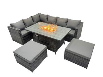 Fimous Rattan Garden Furniture Dining Set Gas Firepit Table Corner Sofa Set in Dark Grey