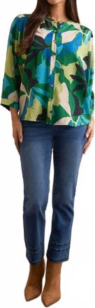 Tribal Flowy Dolman Sleeve Blouse With Self Covering Buttons In Green
