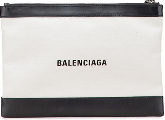 Balenciaga Pre-owned Womens Canvas Zip Pouch Leather Trim - White Textile - One Size