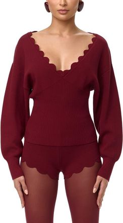 Naked Wardrobe Scallop Trim V-Neck Sweater in Red at Nordstrom, Size X-Large