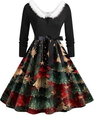 Generic Christmas Dress Women V Neck Long Sleeve Winter Printed Pullover Party Wear Xmas Swing Costume Dresses Womens Christmas Sweatshirt Outfits Swing Dress